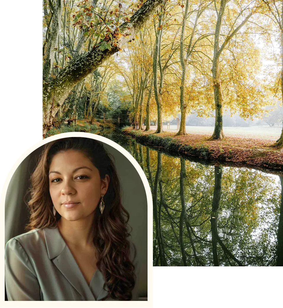 Woman in gray top overlaid on image of person lying on tree branch