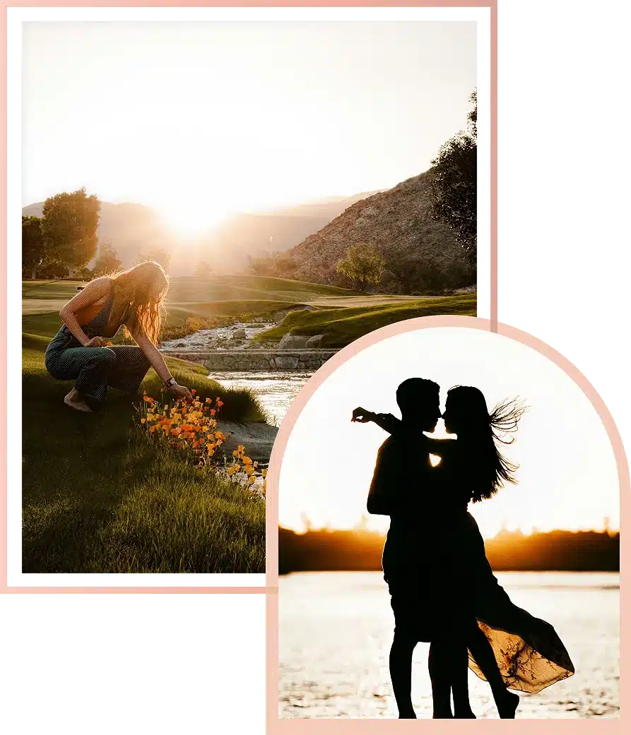 A collage of a person with flowers and a silhouetted couple.
