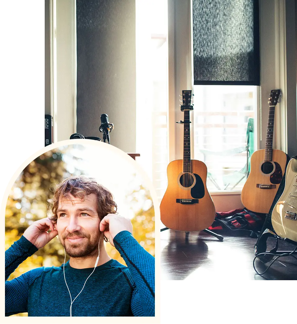 A portrait is overlaid on a photo of guitars.