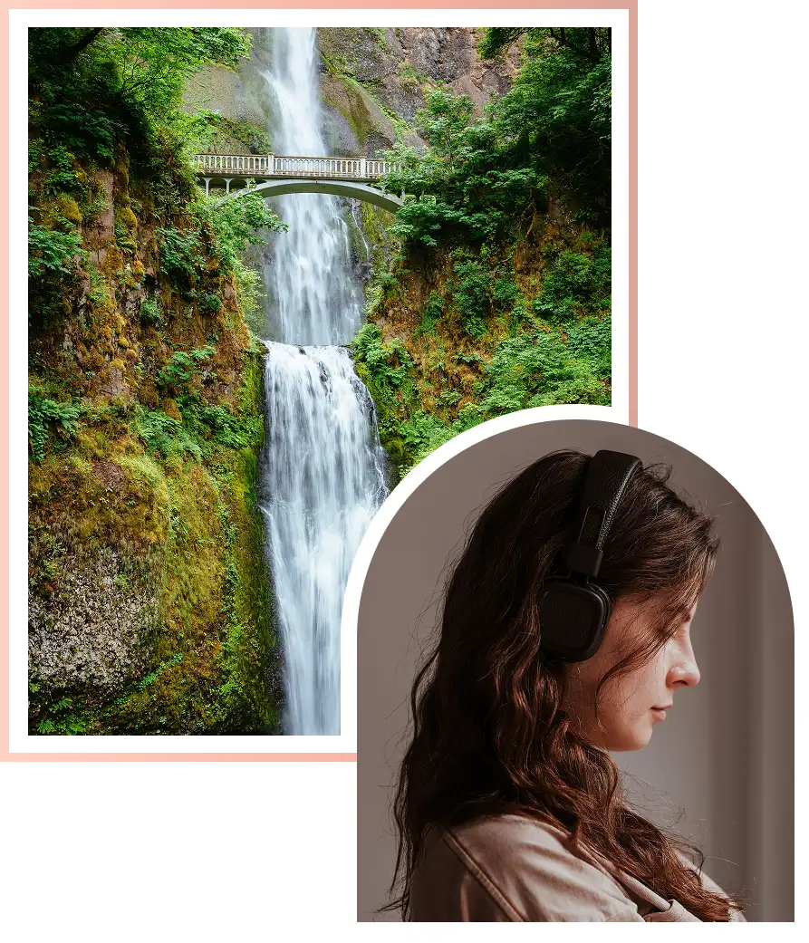A portrait is overlaid on a waterfall photo.